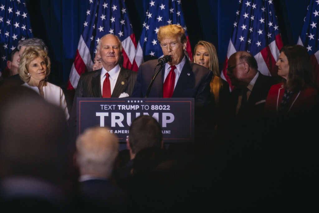 Republican presidential candidate Donald Trump speaks to a crowd of supporters after winning the Republican primary in Columbia, South Carolina, on Feb. 24, 2024.