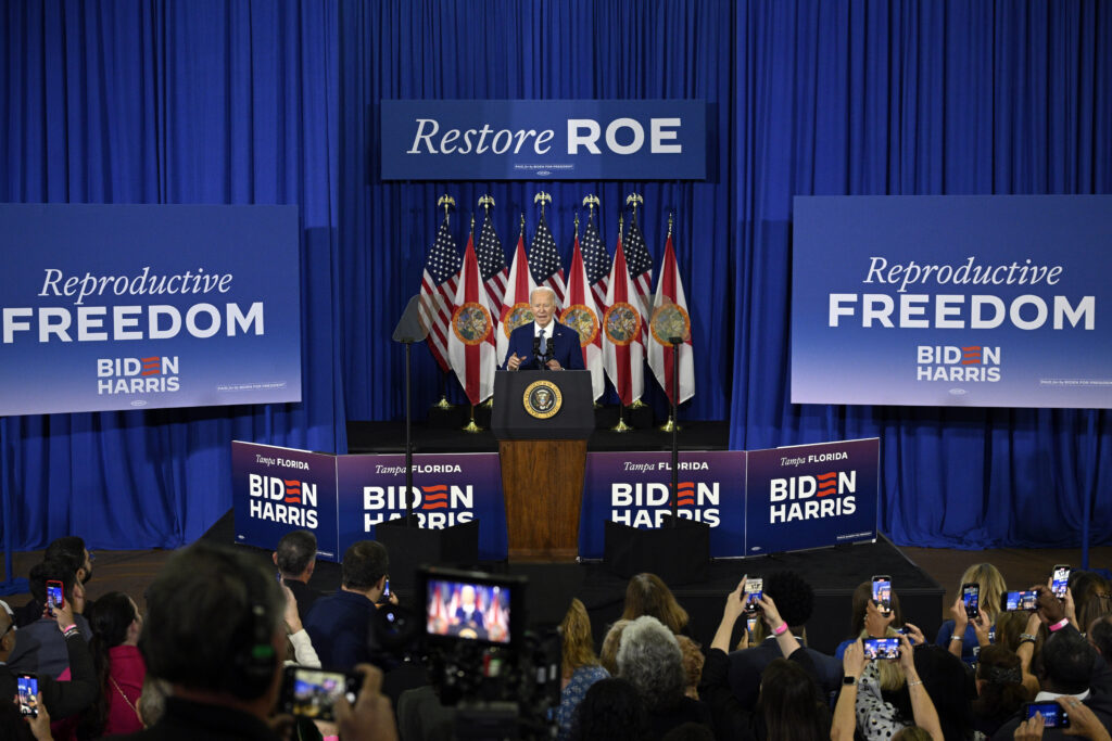 President Joe Biden speaks about reproductive freedom on April 23 at Hillsborough Community College in Tampa, Florida.